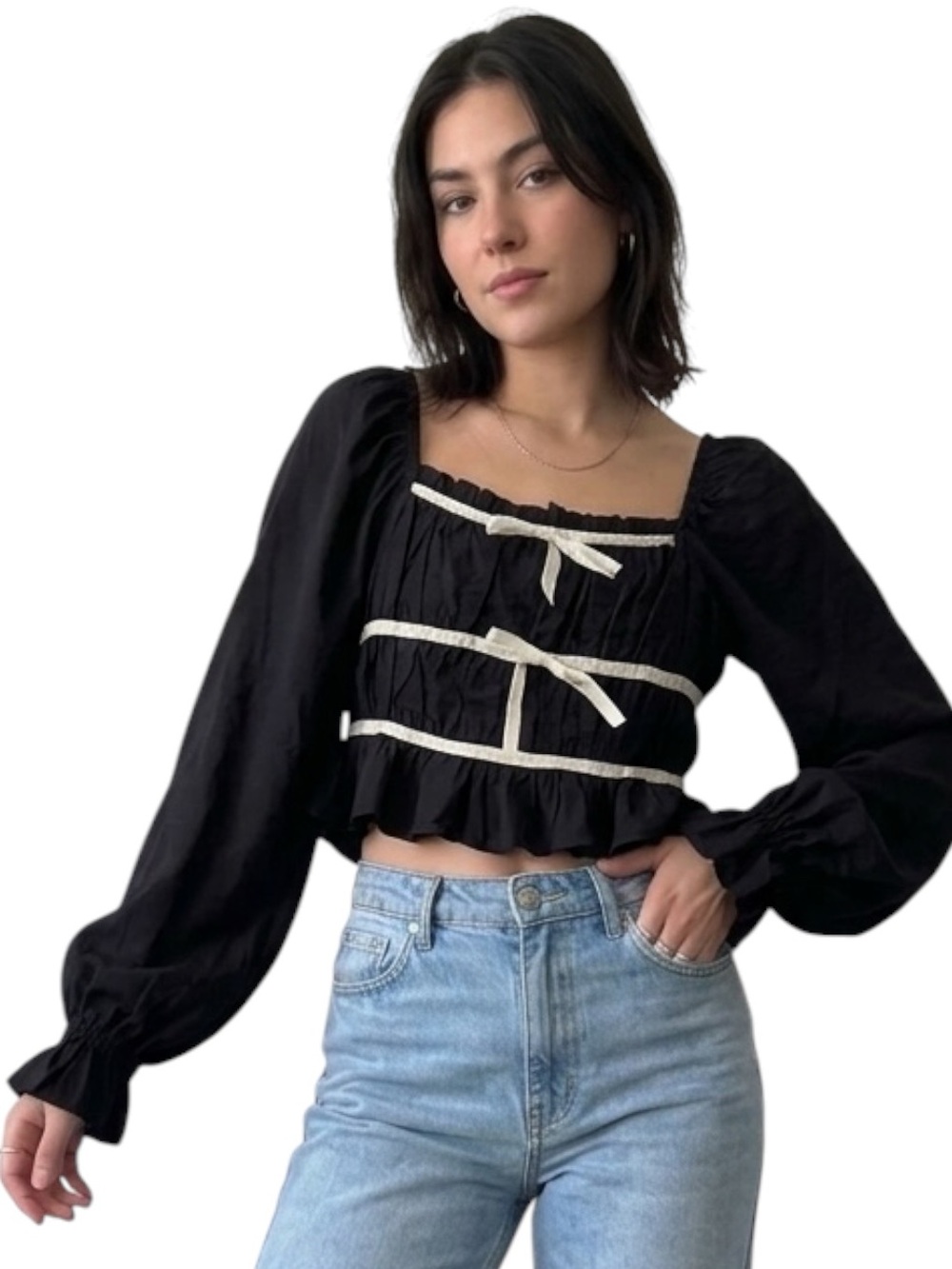 Thirty Thirty L.A. Black Coquette Bow Ruched Long Sleeve Crop Top XS